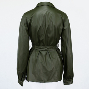 Women's Olive Green Sheep Skin Quick Dry Jacket with Belted Waist Wrap Style Full Sleeve Turn Down Collar Winter Wear - Product Image 4