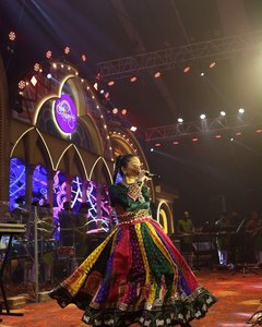Color Block Modern Sheath Satin Navaratri <b>Lengha</b> Full Sleeve Maxi Embroidered Print Scoop Neck Empire Waist Evening Dress - Product Image 4