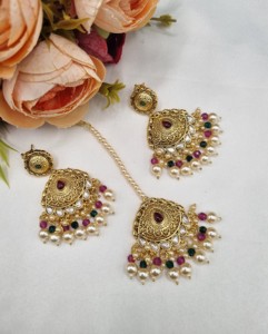 Traditional Multi Layer <b>Pearl</b> Strand <b>Necklace</b> <b>Set</b> With Matching Earrings & Mangtika Wedding Ethnic Wear Jewellery <b>Set</b> Wholesaler - Product Image 3