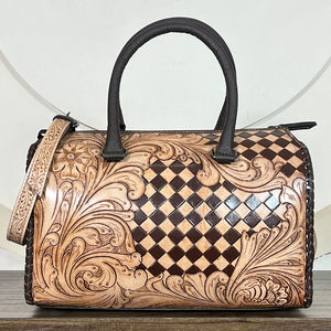 Elegant Vintage Handcrafted Genuine Cowhide <b>Leather</b> Large Speedy Bag Checkered Western Travel Weekender Handbag for Women's - Product Image 6