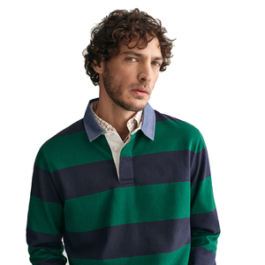 Chemise polo en coton thermique à col brodé surdimensionné à imprimé vintage, chemise à manches longues à rayures de style rugby pour homme - Product Image 5