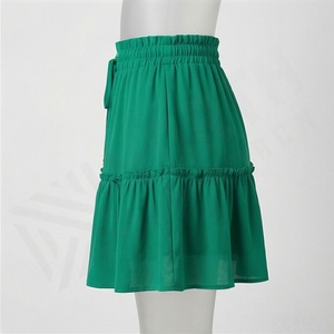 Women's Green Chiffon Mini <b>Skirt</b> <b>Elastic</b> High <b>Waist</b> Drawstring A-Line Tiered Ruffle Summer Short <b>Skirt</b> - Product Image 3