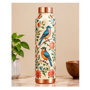 Modernistic Copper <b>Water</b> Bottle With Floral <b>Bird</b> Design Portable Travel Drinkware - Product Image 1