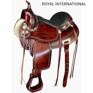 Selle de cheval western marron haut de gamme en cuir véritable avec siège rembourré pour l'équitation sur sentier, le ranch et le cowboy, équipement équestre durable avec étriers - Product Image 1