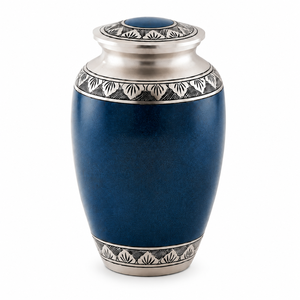 Handcrafted Blue Cremation Urn <b>for</b> Human <b>Ashes</b> - Elegant Metal Memorial Funeral <b>Keepsake</b> with Silver Engraved Leaf Band & Secure - Product Image 1