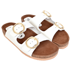 Sandalias Planas Blancas de Cuero Genuino Antideslizantes con Hebillas Doradas, Punta Abierta, Suela de Corcho, Tendencia de Moda, Zapatos de Verano - Product Image 1