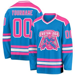 Maillot de hockey sur glace personnalisé sublimé rose et bleu clair – Vente en gros, uniforme de gardien de but de haute qualité pour équipe - Product Image 2