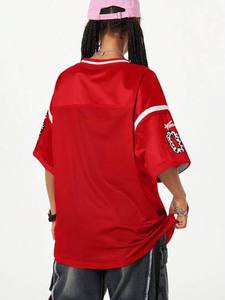 Camiseta Deportiva Corta Roja de Fútbol Americano para Mujer, Cuello en V, Malla Transpirable de Poliéster, Estampado de Leopardo, Número, Top Deportivo de Moda OEM - Product Image 5
