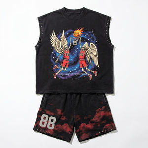 Conjunto de Camiseta sin Mangas Negra para Hombre con Estampado de Esqueleto Angelical de Baloncesto, Cuello Redondo, Estilo Urbano, Atuendo de Verano - Product Image 1