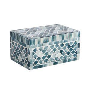 Caja Rectangular Moderna de Estilo Costero con Incrustaciones de Madreperla, Organizador de Joyas con Patrón de Mosaico Festoneado en Color Verde Azulado - Product Image 1