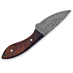 Cuchillo de caza de acero de Damasco de grado industrial, hoja fija tipo Skinner con punta de gota y filo serrado, 4.5mm de grosor, espiga completa, mango de madera y cuero - Product Image 4