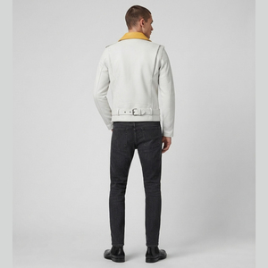 Custom Unisex White & <b>Yellow</b> Biker Leather Jacket Motorcycle Zip Belted Fashion <b>Coat</b> Premium Slim Fit Moto Jacket for Unisex - Product Image 6