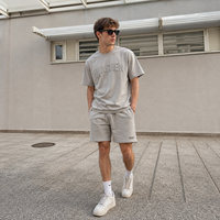 Ensemble T-shirt et Short Homme Personnalisé ODM avec Impression 3D en Relief Lettres Graphiques, 300 GSM, Gris Délavé Effet Lavé, Fabricant Sur Mesure