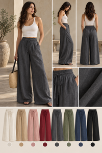 Ensemble deux pièces décontracté d'été pour femme en lin/coton – Débardeur noir et pantalon large gris foncé taille mi-haute - Product Image 3