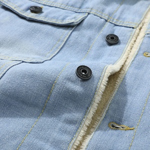 Trendy Light Wash Distressed Denim <b>Jacket</b> Cream <b>Shearling</b> Collar Ripped Casual Winter Coat Snap Button Custom Wholesale Supplier - Product Image 6