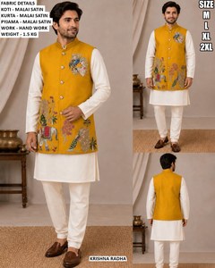 Ethnic Yellow Malai Satin Men's Traditional Kurta/<b>Kurti</b> for Diwali Wedding Party - Product Image 1