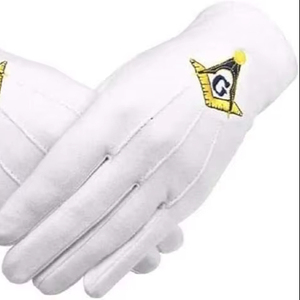 Gants maçonniques jaunes avec compas carré et broderie G, fabriqués en 100 % coton - Product Image 1