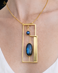 Labradorite Natural Gemstone Necklace & Earrings & Ring Set Gold Plated Brass Jewelry Geometric Design Unisex SOUMYA CREATIONS - Product Image 1