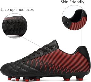 Chaussures de football pour hommes, noires et rouges à rayures, à lacets, avec empeigne synthétique, semelle extérieure en caoutchouc, respirantes, pour sports de plein air - Product Image 5