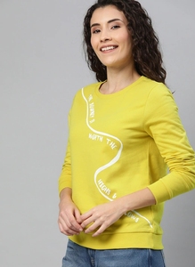 Sweat-shirt à col rond pour femme, jaune uni, manches longues, tricoté en coton respirant, vêtements d'automne - Product Image 1