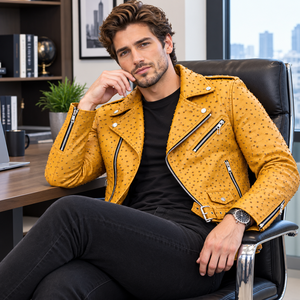 <b>Men</b>’s Ostrich Embossed Genuine Leather <b>Biker</b> <b>Jacket</b> Motorcycle <b>Jacket</b> Custom OEM Wholesale Genuine Leather Fashion <b>Jacket</b> - Product Image 5