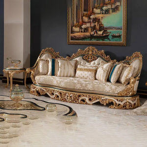 Ensemble de canapés sectionnels de luxe de style villa royale européenne, en bois d'acajou sculpté à la main, avec revêtement en tissu écologique - Product Image 2