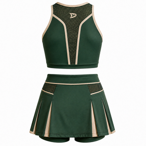 Uniforme de pom-pom girl vierge OEM vert forêt et bordure crème, tenue de performance en maille avec empiècements en maille, vente en gros - Product Image 3