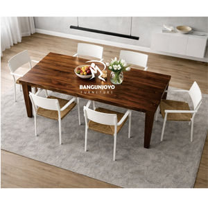 Eco-Friendly Durable Dining <b>Table</b> Set with Monkey Pod Wood and Iron Chairs Wrapped in Synthetic Woven Rope Modern Design - Product Image 1