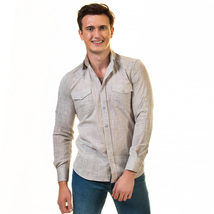 Chemise Habillée Homme Beige Style Safari Double Poche Tissu Respirant Manches Longues Lin/Coton Infroissable Séchage Rapide Printemps - Product Image 4