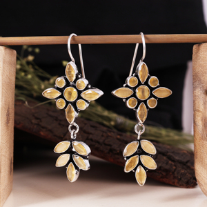 Pendientes de cuarzo con bisel de latón plateado oxidado vintage, diseño floral, para mujer, estilo bohemio tribal, joyería hecha a mano para boda - Product Image 6