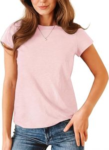 Women's <b>Pink</b> Crew Neck Short Sleeve T-Shirt Regular Fit Solid Color Casual Style 100% Cotton Breathable Spring Summer Top - Product Image 3