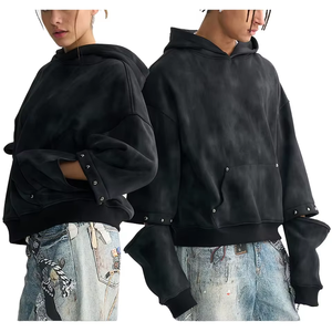Hoodie Boxy Homme Personnalisé en Tissu Solide Délavé à l'Acide 480 g/m² avec Manches Détachées, Design Riveté, Impression 3D en Relief, Streetwear, Impression Gonflée - Product Image 2