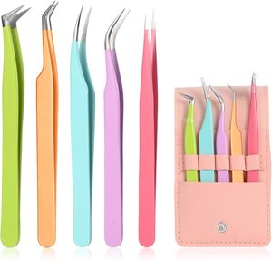 Juego de 5 Pinzas para Pestañas de Acero con Alto Contenido de Carbono, Pinzas de Alta Precisión Rectas y Curvas para Extensión de Pestañas, para Principiantes - Product Image 1