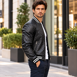 Blouson de baseball de luxe pour homme en cuir noir, motif grain d'autruche, poignets côtelés et fermeture éclair sur le devant, vente en gros, vêtements d'extérieur d'hiver - Product Image 3