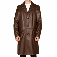 Manteau long en cuir véritable marron et noir pour homme, fermeture éclair, col rabattable, veste d'hiver formelle, logo sur le devant, qualité supérieure