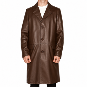 Manteau long en cuir véritable marron et noir pour homme, col rabattu, simple boutonnage, veste formelle d'hiver - Product Image 1
