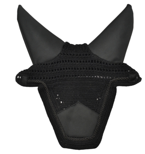 Voile anti-mouches pour cheval noir en crochet de haute qualité, rembourré et confortable, avec protège-oreilles souples, bonnet équestre fait main - Product Image 1