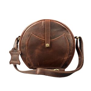 <b>Women</b>’s Brown Genuine Leather Round Crossbody <b>Bag</b> – Lightweight Circular Shoulder Purse with Zipper Closure - Product Image 1