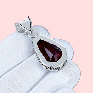 Natural Red Garnet Bezel Setting <b>Emerald</b> Cut Sterling Silver Geometric <b>Pendant</b> Handmade Gemstone Bohemian Jewelry Gift for Women - Product Image 3