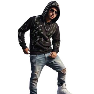 Sudadera con capucha para hombre lavada con ácido de peso pesado personalizada 100% algodón con doble cremallera y estampado digital de diamantes de imitación - Product Image 1