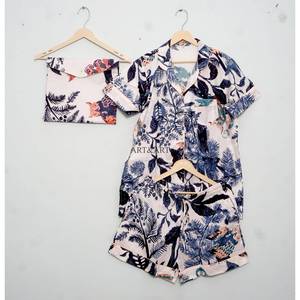 Magnifique robe de nuit d'été courte, ensemble de pyjama pour femmes 100% coton, ensemble de pyjama à manches courtes 3 pièces et shorts, vêtements de détente - Product Image 5