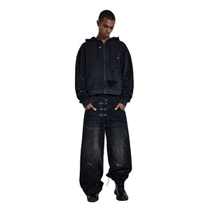 Sudadera con capucha de algodón 100% personalizada para hombre, con cremallera, estilo urbano, con pedrería roja, estampado digital, corte holgado. - Product Image 1