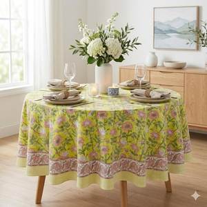 Round Floral Handmade Customizable Cotton <b>Tablecloth</b> Printed Modern Washable <b>Party</b> Use Home Dining Cover From Rajasthan - Product Image 1