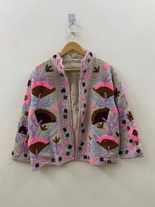 Chaqueta de Invierno Abierta al Frente, Estilo Bohemio Étnico, Bordada a Mano con Hilo de Algodón y Diseño Floral Suzani, Transpirable - Product Image 2