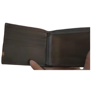 Premium Dark Charcoal <b>Genuine</b> <b>Leather</b> Bifold <b>Wallet</b> For Men Featuring A Classic Brown Accent Bar Design With Multiple Slots - Product Image 2