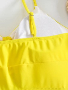 Conjunto de traje de baño de dos piezas con estampado tropical amarillo para mujer, pantalones cortos tankini con cuello en V profundo, ropa de playa, poliéster elástico de spandex - Product Image 4