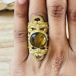 Hot Selling Tiger Eye Chunky <b>Ring</b> Vintage Filigree Style Boho <b>Ring</b> 18k Gold Plated Brass <b>Statement</b> Chunky Wholesale Womens <b>Ring</b> - Product Image 4