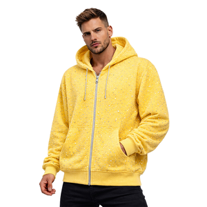 Sudadera con capucha unisex amarilla con cremallera y pedrería, 100% algodón polar, estilo oversize casual streetwear, bolsillo canguro, secado rápido, antiarrugas - Product Image 1