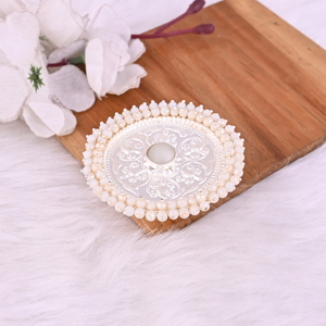 Bague ajustable grande taille style bohème avec motif floral, œil-de-chat blanc et perle - Product Image 2