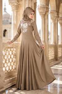 Beige Embroidered Polyester ODM <b>Abaya</b> Salwar Kameez Muslim Women Long Sleeve Floor Length Hijab Dress for Prayer <b>Wedding</b> Ethnic - Product Image 4